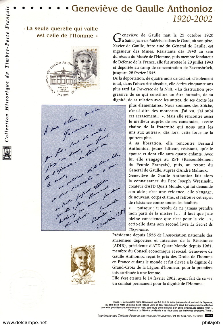 " GENEVIEVE DE GAULLE ANTHONIOZ " Sur Document Philatélique Officiel De 2003  (Prix à La Poste = 5.00 €)  N° YT 3544. - De Gaulle (Général)