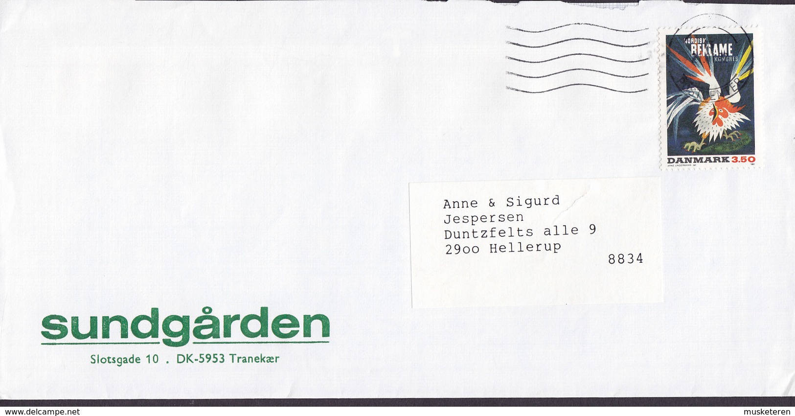 Denmark SUNDGÅRDEN Slotsgade 10, Tranekær (Langeland) FYNS POSTCENTER 1992 Cover Brief HELLERUP Rooster Coq Hahn Stamp - Briefe U. Dokumente