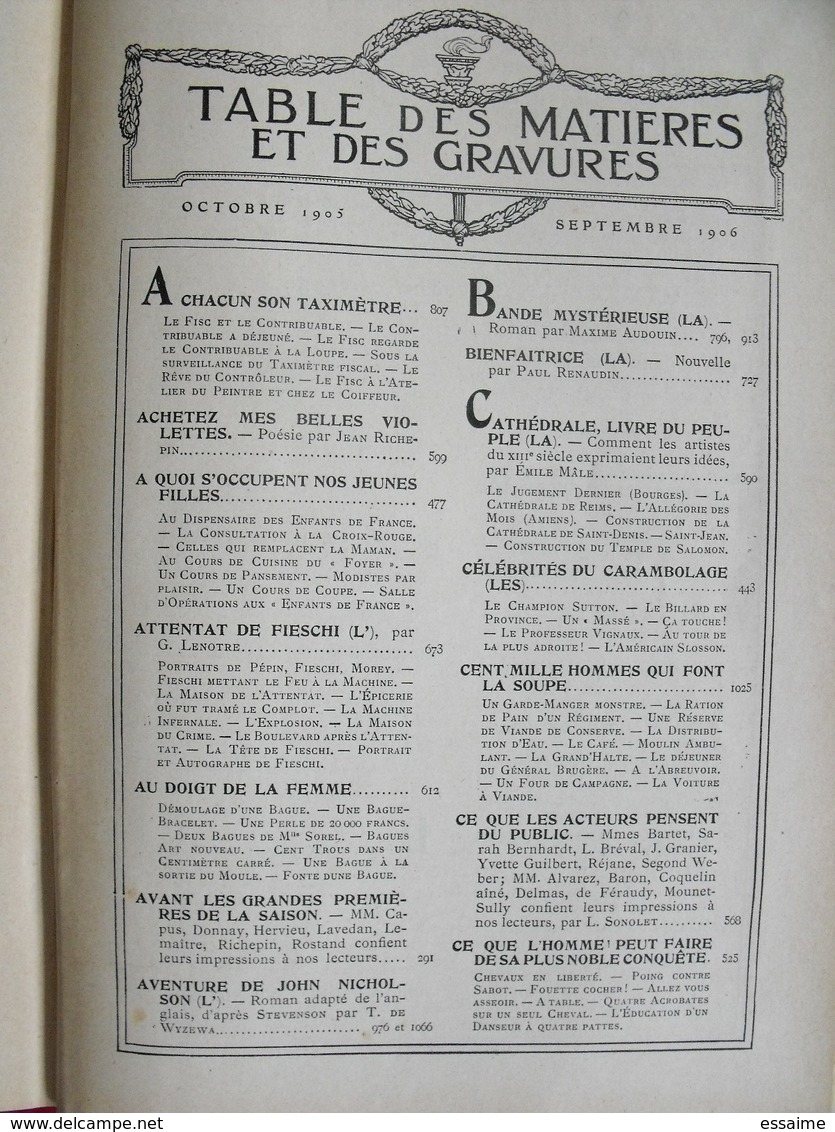 Lecture pour tous 1905-1906. Hachette reliure éditeur. taxi carambolage cirque  guérisseur rebouteux camelot escroc inde