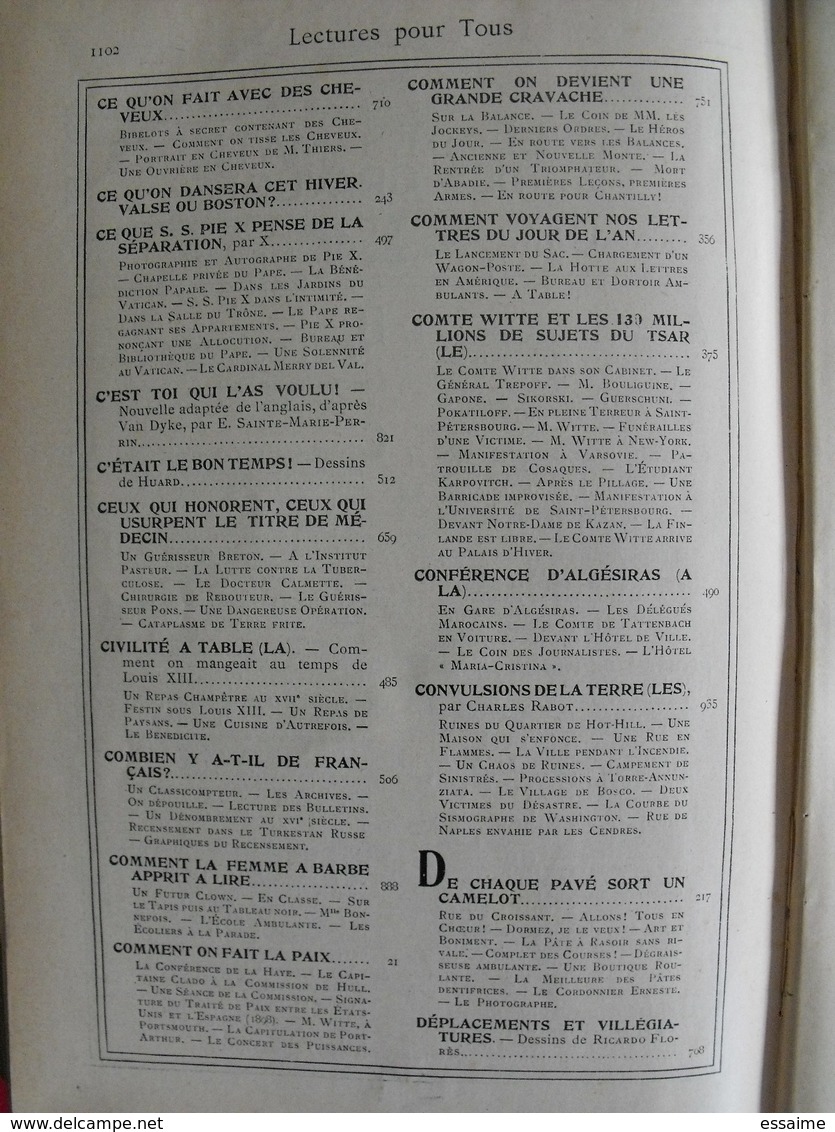 Lecture pour tous 1905-1906. Hachette reliure éditeur. taxi carambolage cirque  guérisseur rebouteux camelot escroc inde