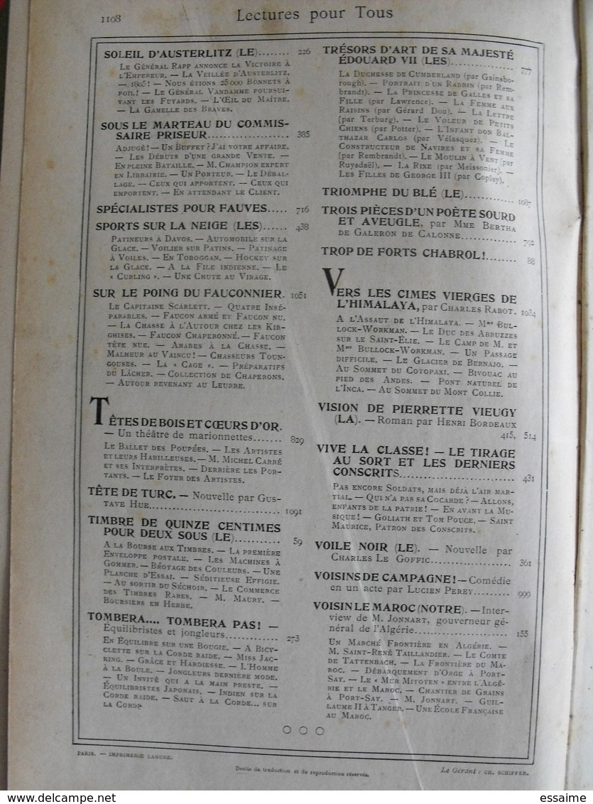 Lecture pour tous 1905-1906. Hachette reliure éditeur. taxi carambolage cirque  guérisseur rebouteux camelot escroc inde