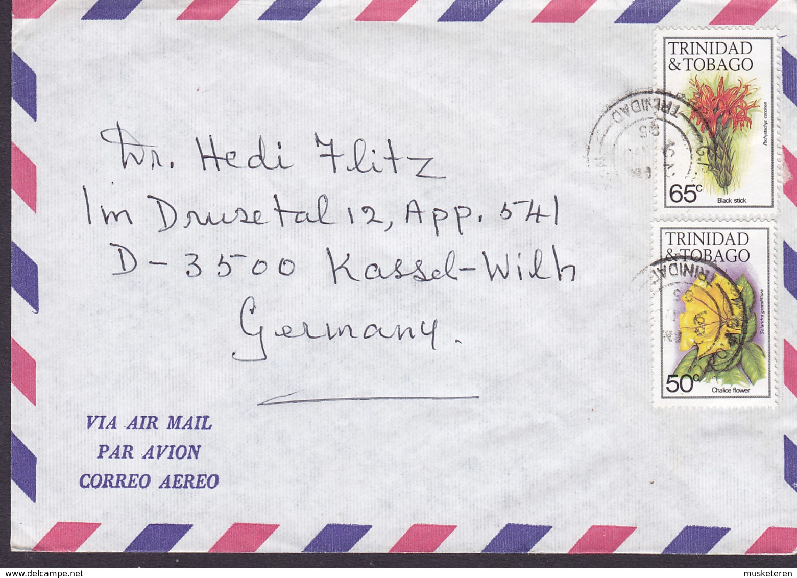 Trinidad & Tobago Air Mail 1985 Cover Brief KASSEL-Wilh. Germany 50 C. & 65 C. Flower Blume Stamps - Trinidad & Tobago (1962-...)