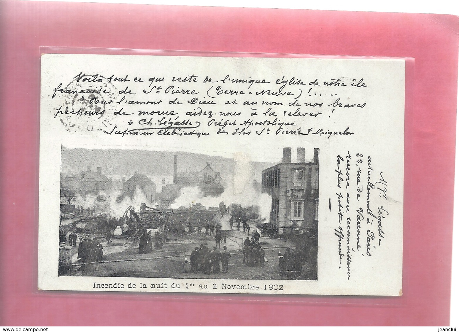 INCENDIE DE LA NUIT DU 1er AU 2 NOV 1902 " EGLISE DE St-PIERRE ( & Miquelon ) AFFR AU VERSO . 2 SCANES - Saint-Pierre-et-Miquelon