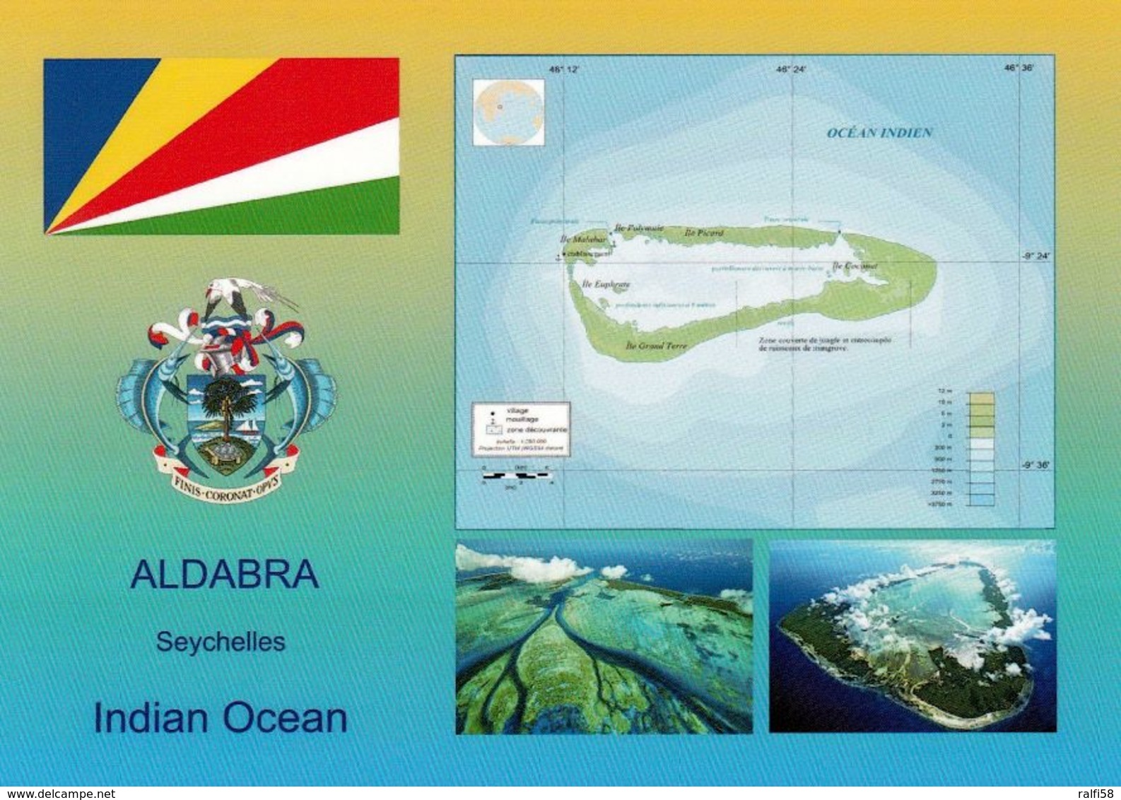 1 AK Aldabra Atoll - Seychellen * Flagge, Wappen, Landkarte - Und 2 Luftbildaufnahmen - Seit 1982 UNESCO Weltnaturerbe - Seychelles