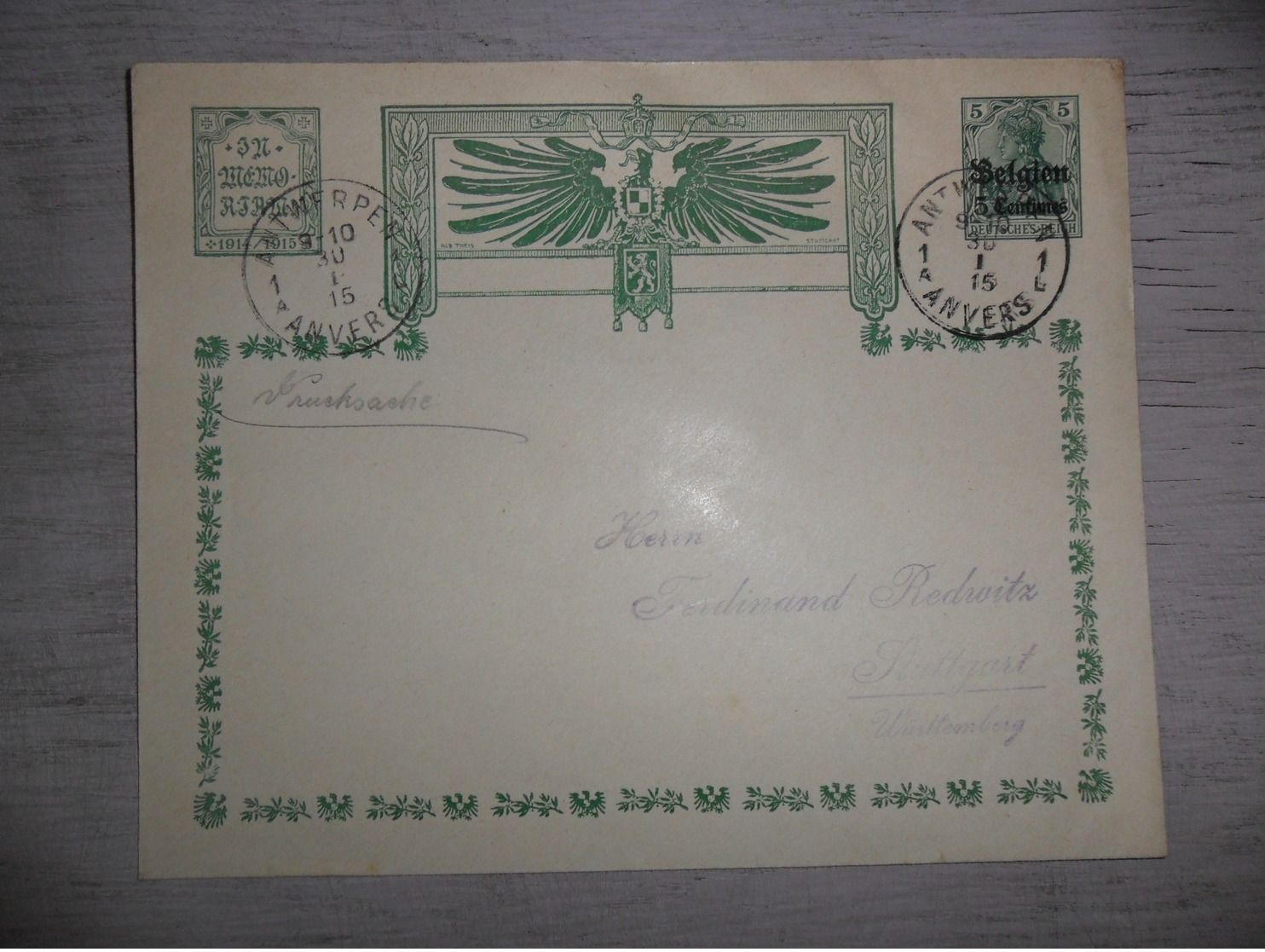 ( B 75 ) Bezet Gebied - Enveloppe Met Postwaardestuk Entier Postal - Oorlog  Guerre Antwerpen 1915 - Kartenbriefe