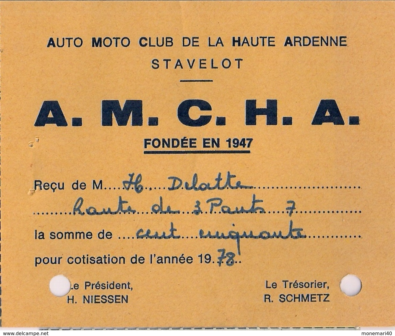 STAVELOT - A.M.C.H.A. - AUTO MOTO CLUB DE LA HAUTE ARDENNE - Carte De Membre (1978) - Other & Unclassified