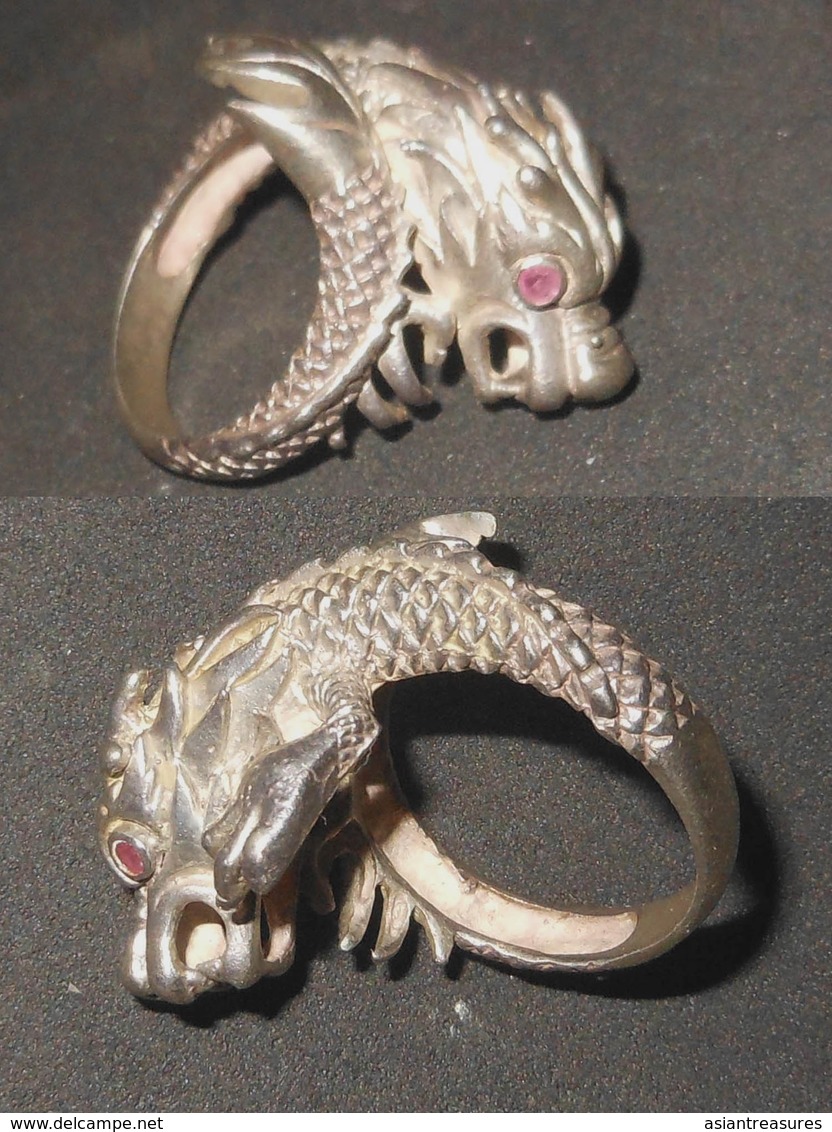 Vintage Silver Dragon Ring SE Asia With Ruby Eyes Original 11 Grs - Rings