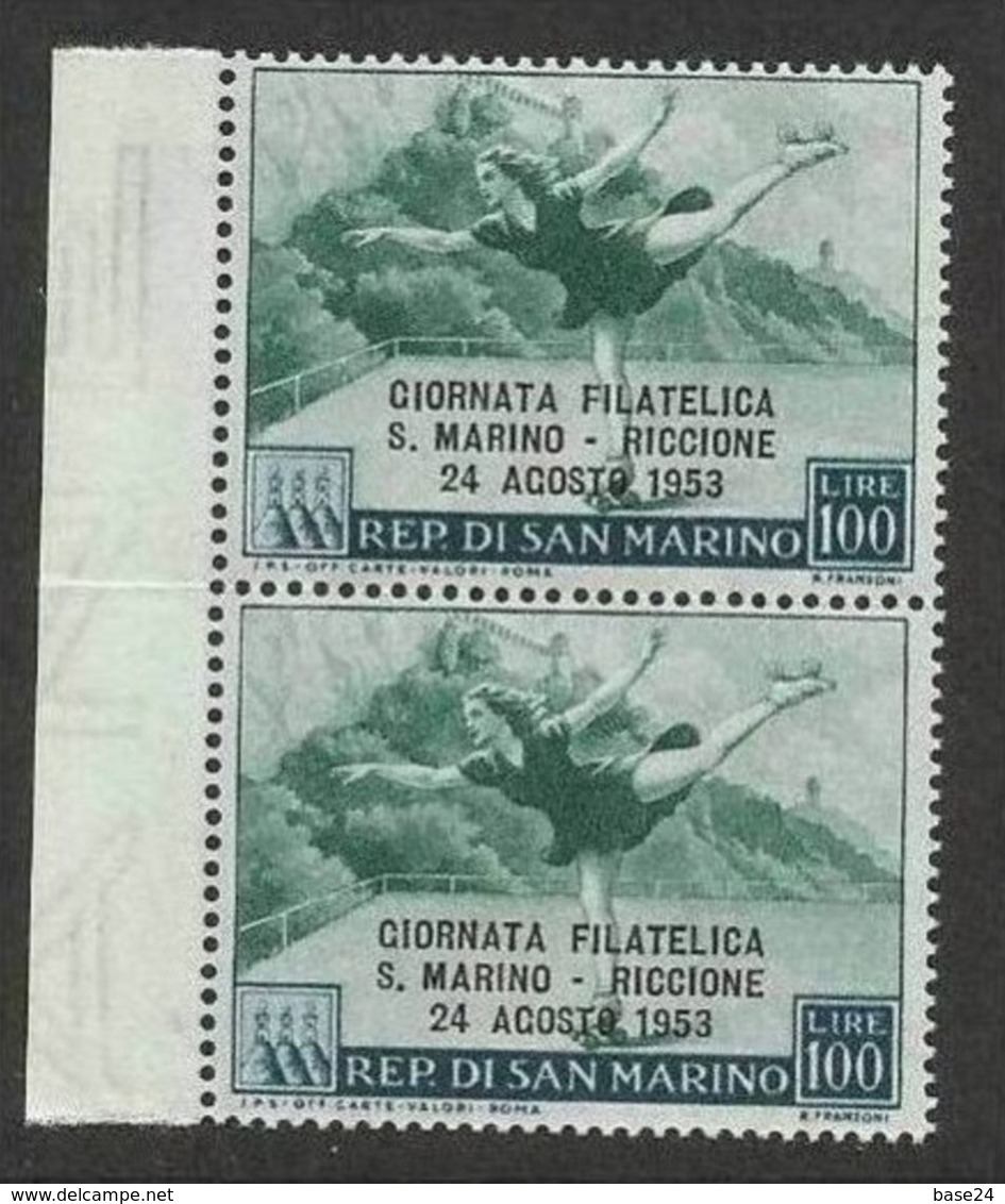 1953 San Marino Saint Marin GIORNATA FILATELICA RICCIONE PATTINATRICE, SKATER, SPORT 2 Serie MNH** Coppia Con Bordo - Figure Skating