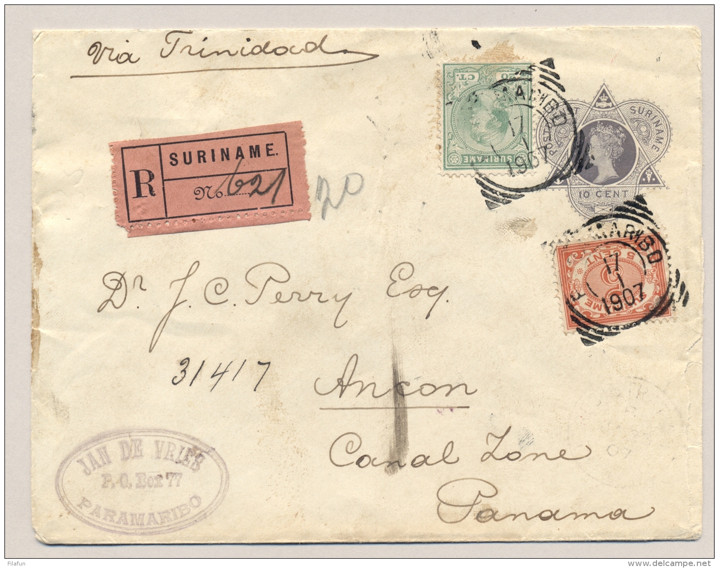 Suriname - 1907 - 20 Cent Hangend Haar En 5 Cent Cijfer Op Envelop G2 Aangetekend Van Paramaribo Naar Ancon / Panama - Suriname ... - 1975