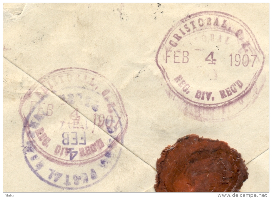 Suriname - 1907 - 20 Cent Hangend Haar En 5 Cent Cijfer Op Envelop G2 Aangetekend Van Paramaribo Naar Ancon / Panama - Surinam ... - 1975