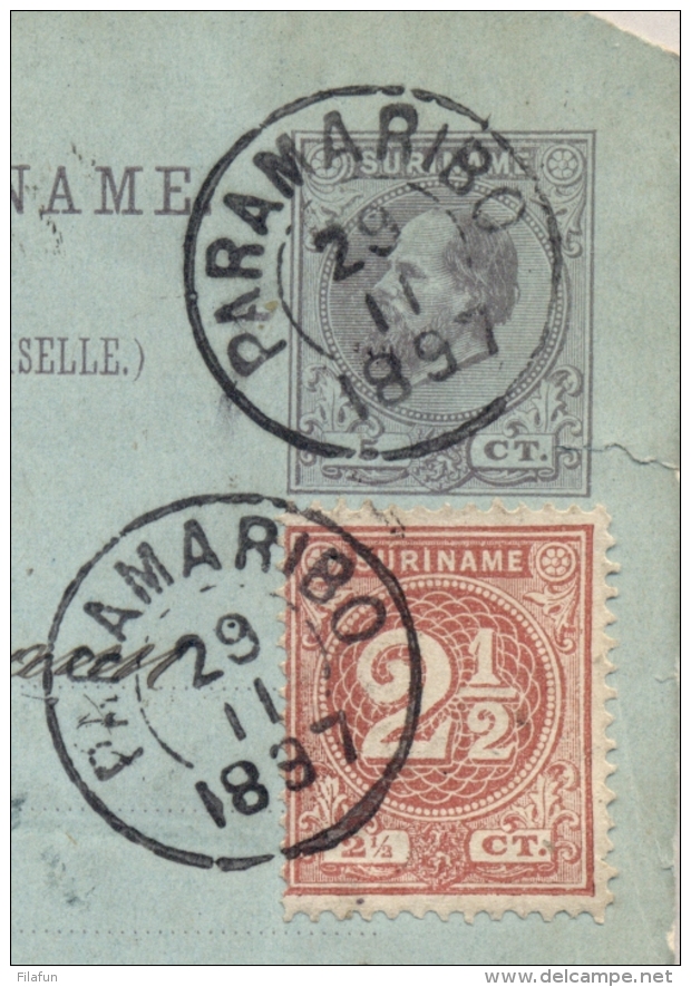Suriname - 1897 - 2,5 Cent Cijfer Op Briefkaart G9 Van Paramaribo VIA HAVRE Naar Mülheim / Deutschland - Suriname ... - 1975