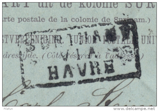 Suriname - 1897 - 2,5 Cent Cijfer Op Briefkaart G9 Van Paramaribo VIA HAVRE Naar Mülheim / Deutschland - Suriname ... - 1975