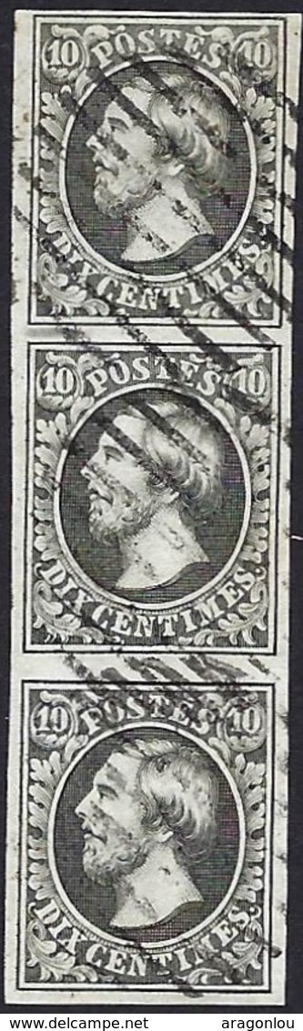 Guillaume III 10c, Noir 1855, Bloc De 3 Timbres/vertical, Michel 1c, Cachtes à Barres, Certifié R.Goebel (2scans) - 1852 Guillaume III