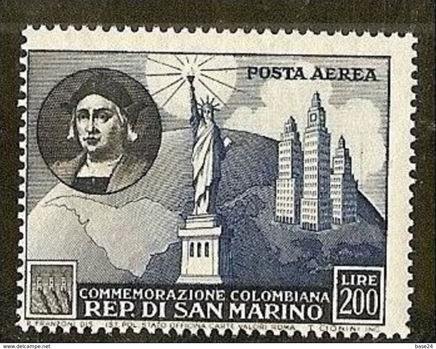 1952 San Marino Saint Marin COLOMBO 200 Lire Aereo MNH** Air Mail - Cristoforo Colombo