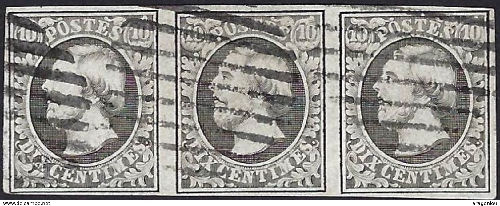 Guillaume III 10c, Gris-noir 1856, Bloc De 3 Timbres/horizontal, Michel 1d, Cachtes à Barres, Certifié R.Goebel (2scans) - 1852 Guillaume III