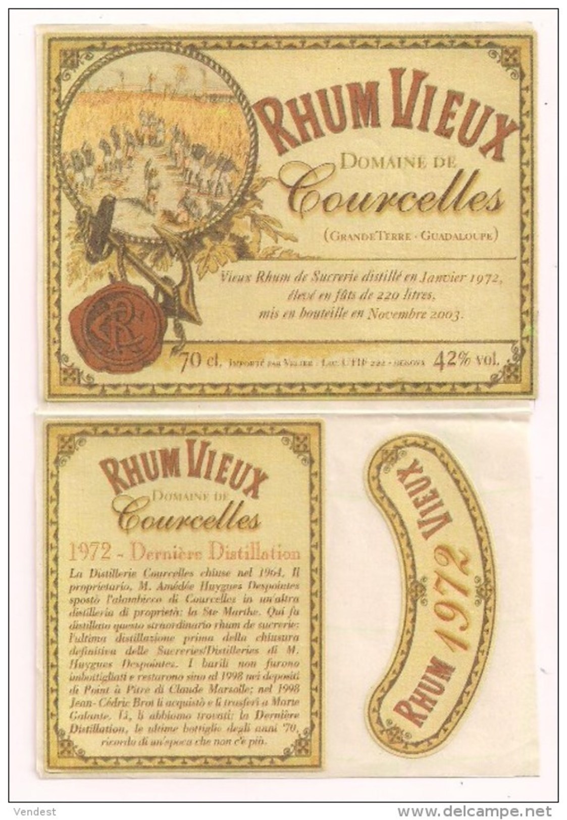 Etiquette   RHUM Vieux Distillé En 1972 - Importation Italienne -  Domaine De  Courcelles - GUADELOUPE - - Rhum