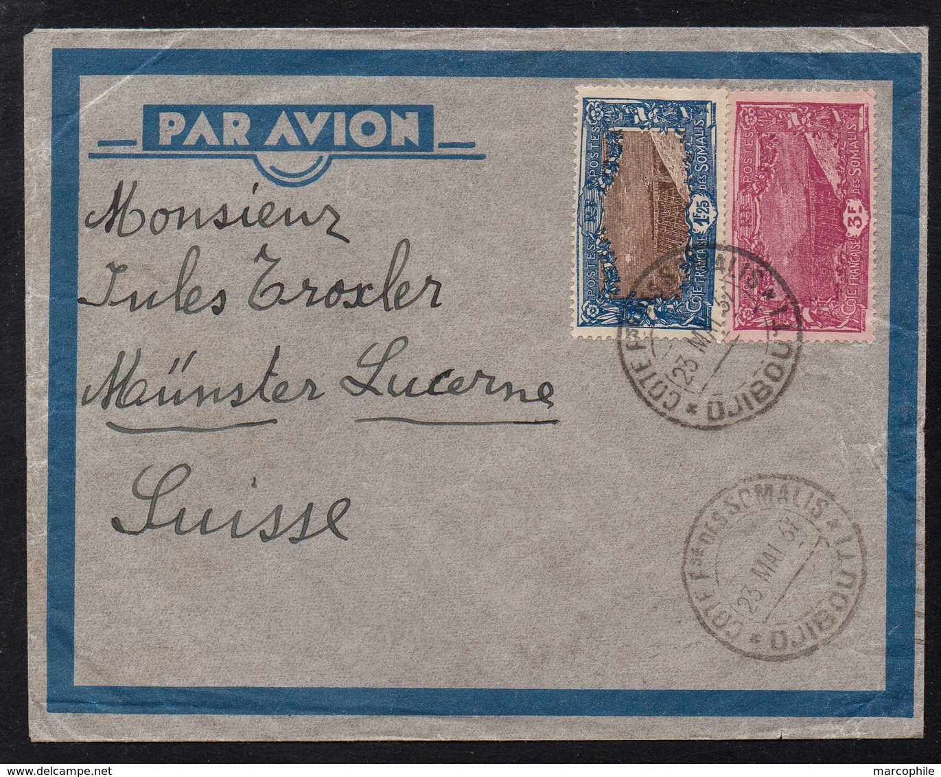 COTE DES SOMALIS - DJIBOUTI / 1937 LETTRE PAR AVION POUR LA SUISSE VIA MARSEILLE (ref LE2457) - Lettres & Documents