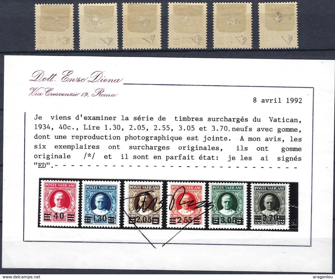 1934 PAPE PIE XI, Timbres Surchargés Du Vatican Michel: 39-44, Signées Enzo Diena (2scans) - Unused Stamps