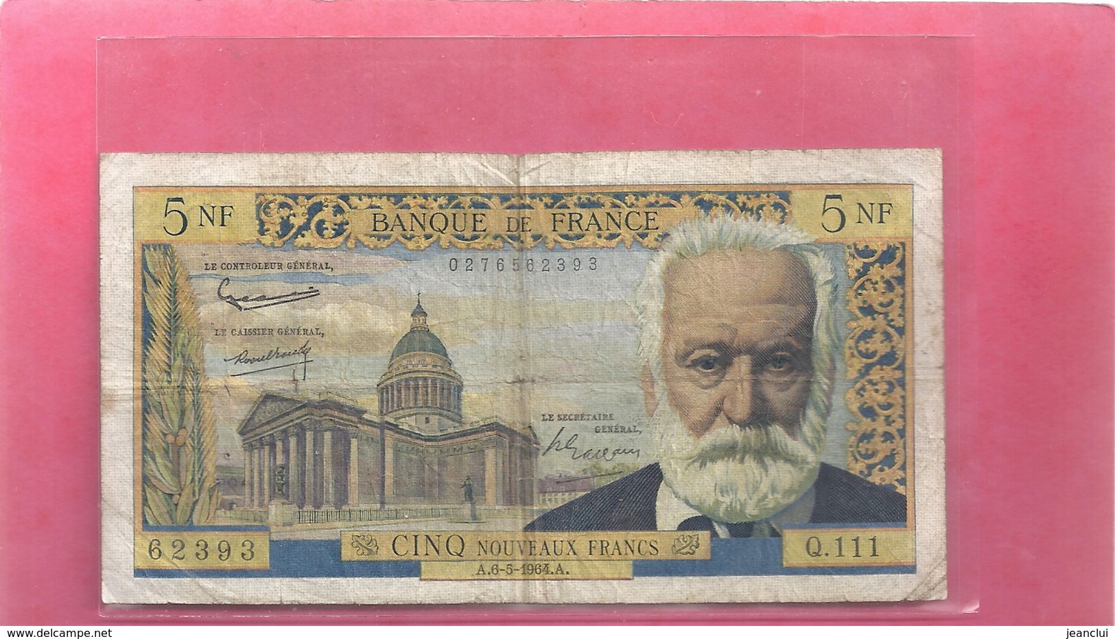 5 NOUVEAUX FRANCS Type 1959 " VICTOR HUGO "  A. 6-5-1964 .A  . N° 62393  . Q.111 . 2 SCANES - 5 NF 1959-1965 ''Victor Hugo''