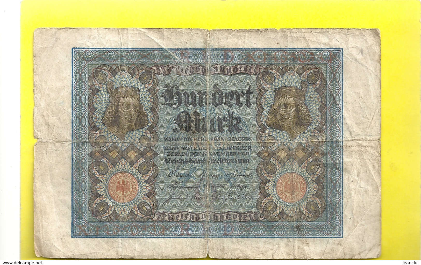 REICHSBANKNOTE . HUNDERT ( 100 ) MARK . 1-11-1920 . 2 SCANES - 100 Mark