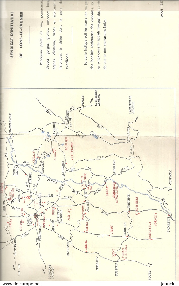 CARTE DE LONS-LE-SAUNIER + CARTE REGIONALE DU SYNDICAT D'INITIATIVE DE " AOUT 1957 "  2 SCANES - Geographische Kaarten