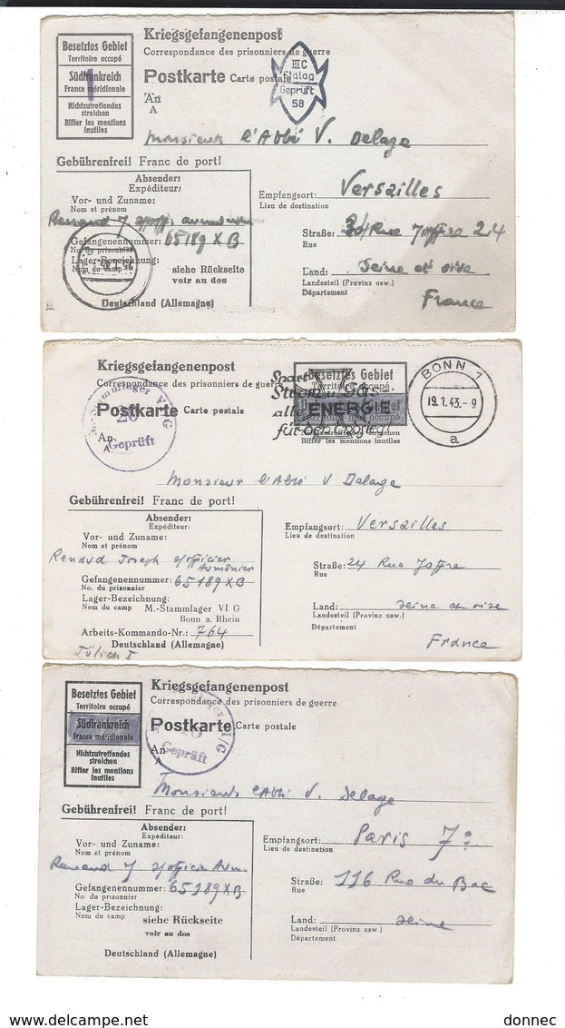 WW2 3 Cartes D'un Sous-officier Aumônnier  Prisonnier Pour Paris Versailles France Méridionale Stalag Geprüft Censure - Guerre De 1939-45