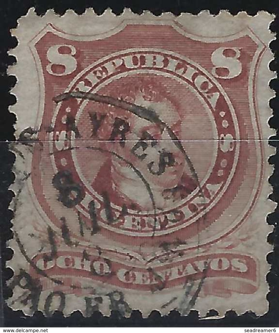 ARGENTINE 1879 N°38 8 Centavos Oblitéré Càd Français Hexagonale Buenos Ayres/ Ligne De Paquebot, RR Signé Calves - Gebruikt
