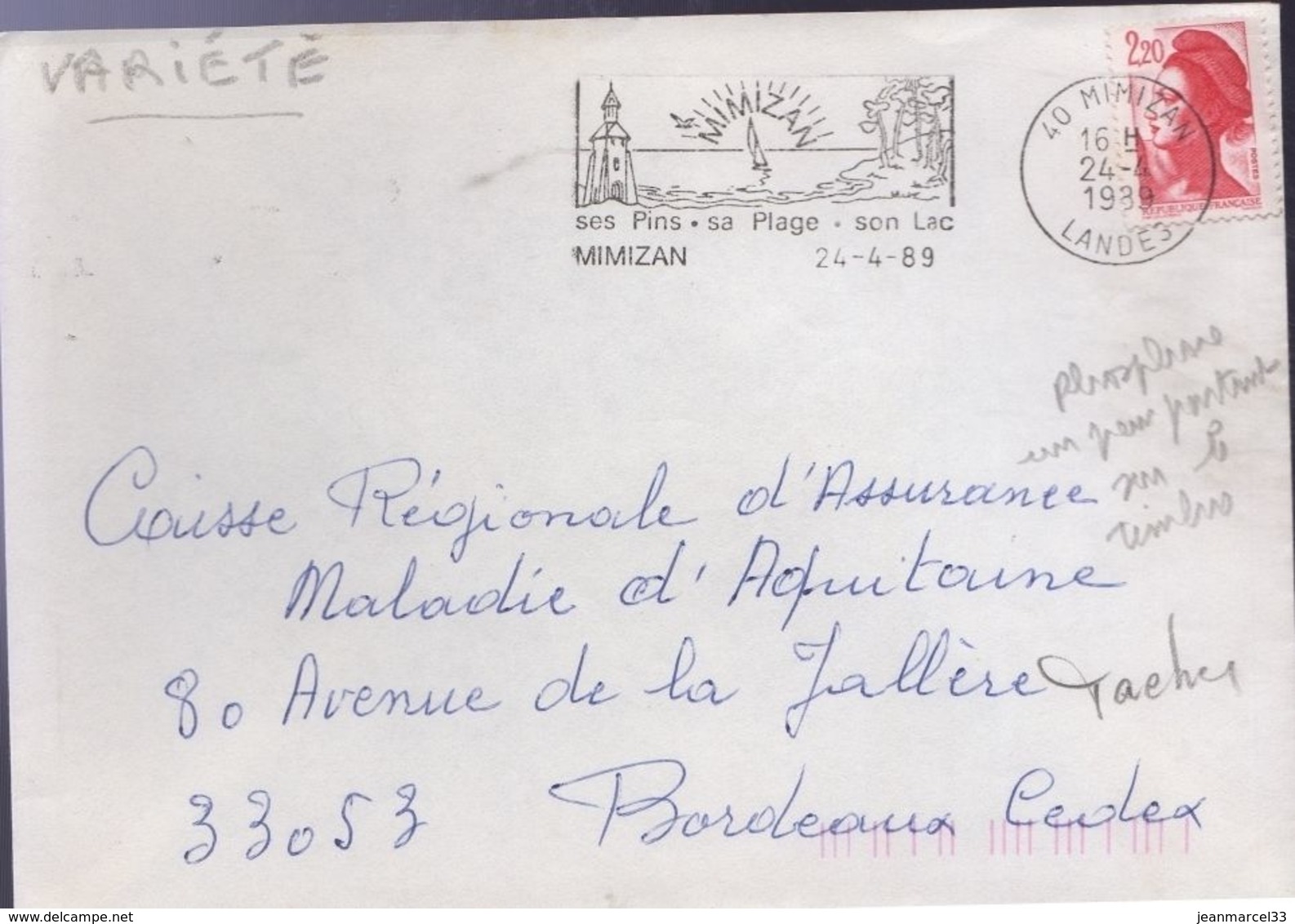 Variété Sur Lettre  Timbre 2,20 Liberté Rouge 2 Bandes Et De Nombreuse Taches De Phosphores Sur Le Timbre - Briefe U. Dokumente