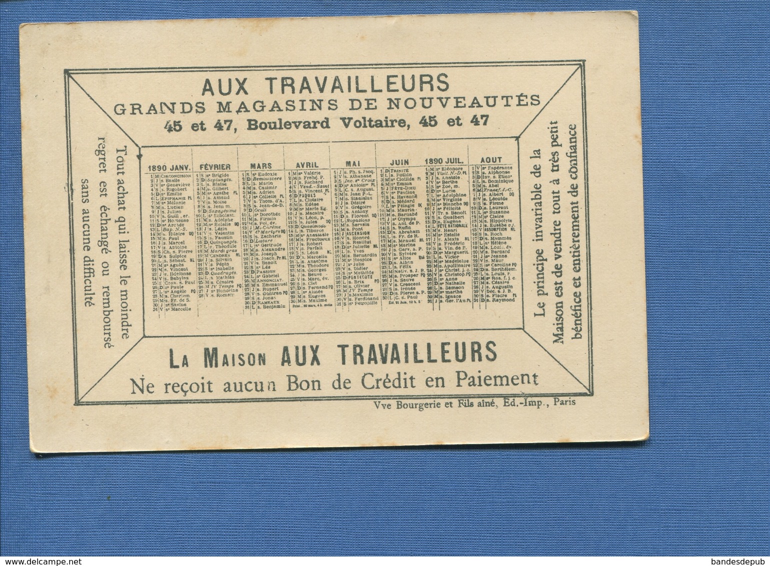 Paris Aux Travailleurs Bd Voltaire Jolie Chromo Calendrier Veuve Bourgerie 1890 Pavillon Eaux Et Forêts Trocadéro - Petit Format : ...-1900