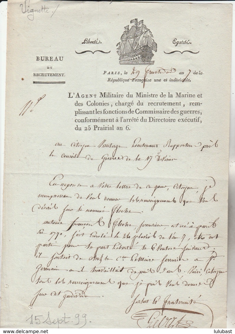 PARIS : Lettre De L'agent Militaire Du Ministre De La Marine Pour Renseignements Sur Un Soldat Enrôlé - TTB Vignette. - Documentos Históricos