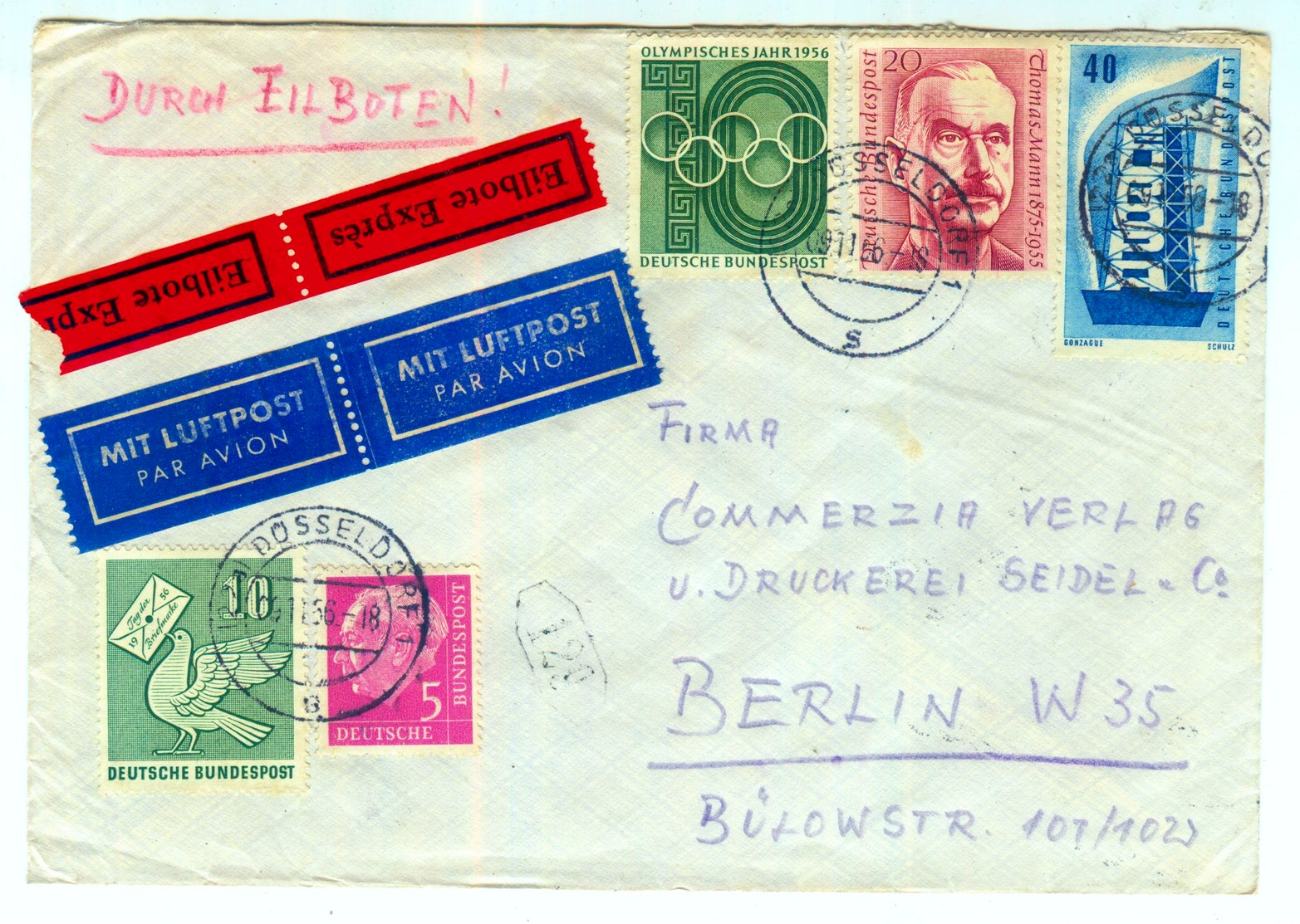 1956 Eilbotenbrief Mit Bezahlter Luftpostgebühr Aus Düsseldorf - Briefe U. Dokumente