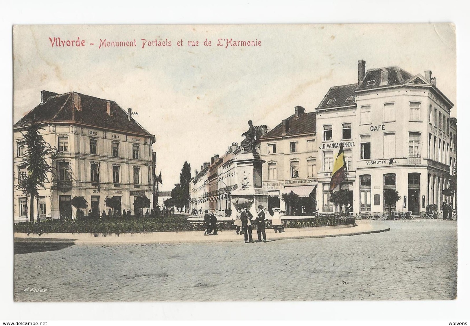 Vilvoorde Harmoniestraat Portaels Standbeeld Oude Postkaart Grand Hoôtel Café Smuyts Carte Postale Ancienne - Vilvoorde