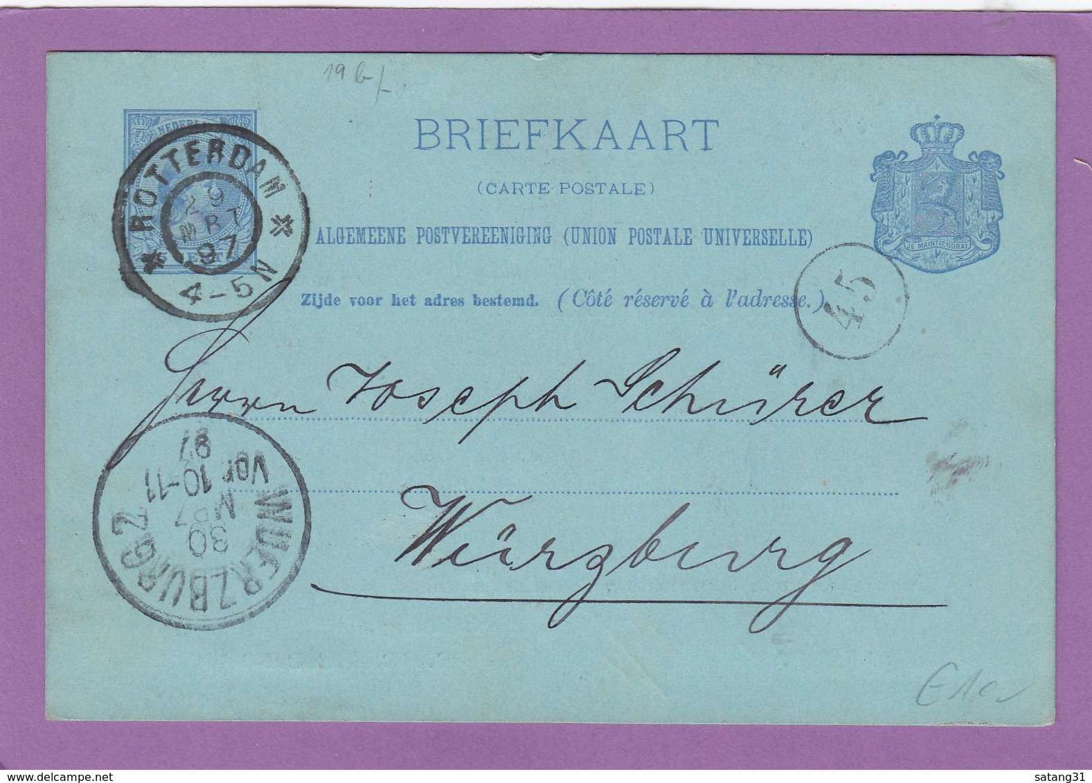 GANZSACHE MIT PRIVATEN ZUDRUCK(REPIQUAGE) VON EINER TABAKFIRMA IN ROTTERDAM NACH WÜRZBURG. - Postal Stationery