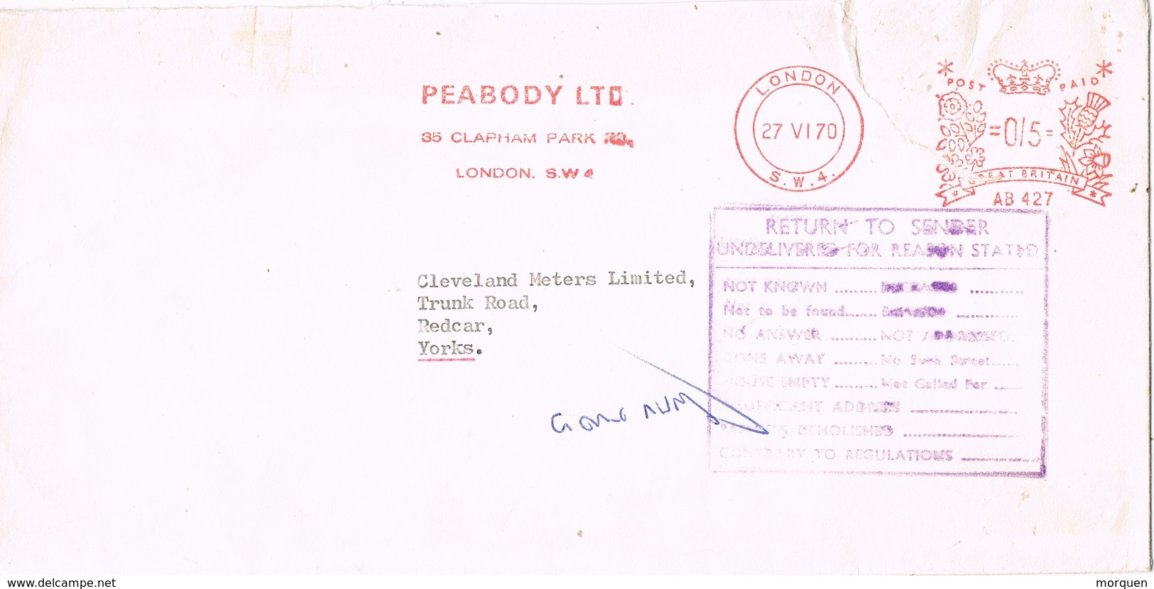 29611. Carta  LONDON  (England) 1970. Franqueo Mecanico PEABODY. RETURN To Sender - Cartas & Documentos