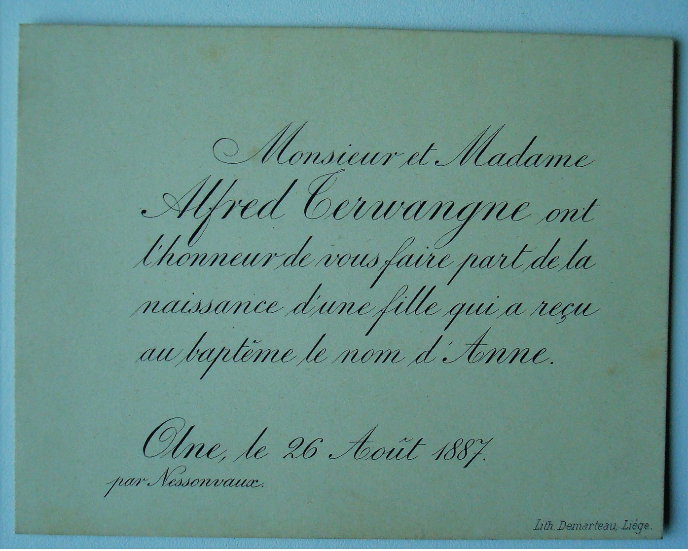 Faire-part Naissance Anne TERWANGNE. - Olne Nessonvaux 1887. - Birth & Baptism