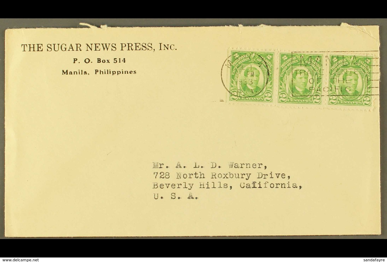 SUGAR  Philippines 1925 "Pampanga Sugar Mills" And 1933 "The Sugar News Press" Printed Covers To USA. (2 Covers) For Mor - Non Classificati