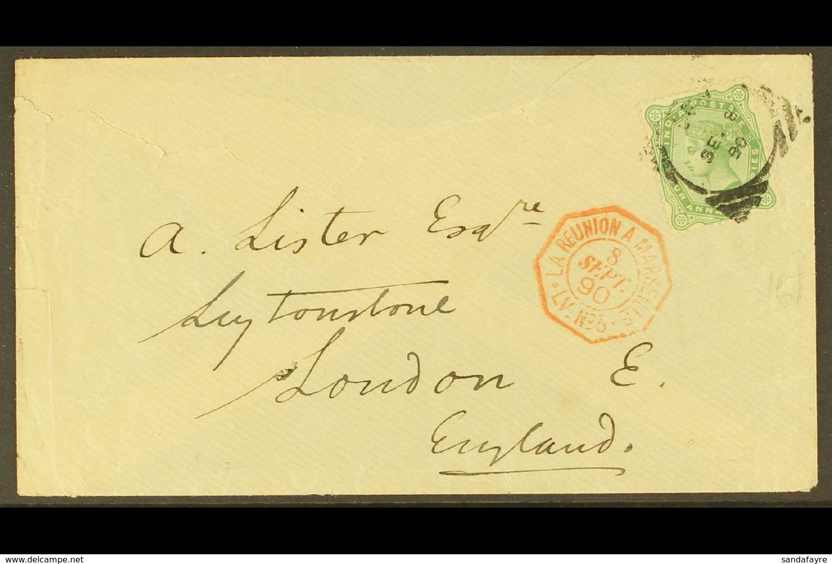 1890  (Sept 8th) Cover To London From Aden, Carries On Reunion No3, Bearing 4a6p Tied By Aden Squared Circle Cds & Red O - Aden (1854-1963)