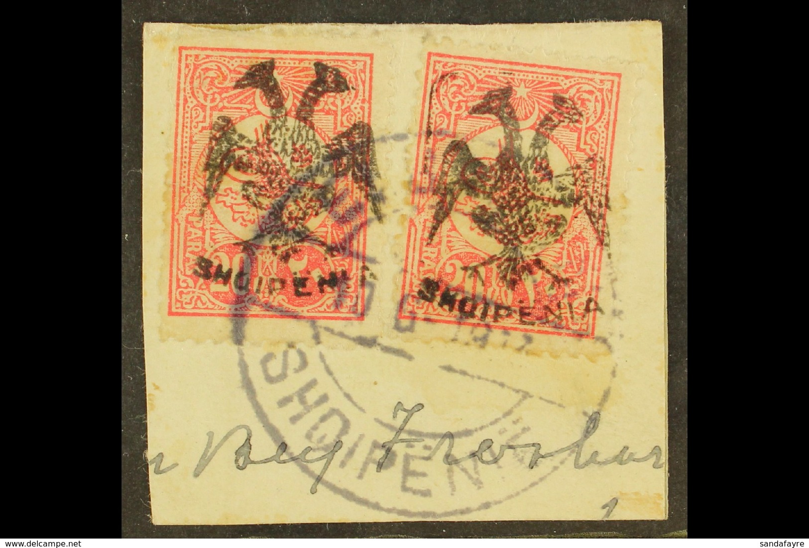 1913  20pa Rose-carmine Double Eagle Overprint Perf 12 (Michel 6x, SG 6), Two Examples Used On Piece Tied By Full "Elbas - Albanië