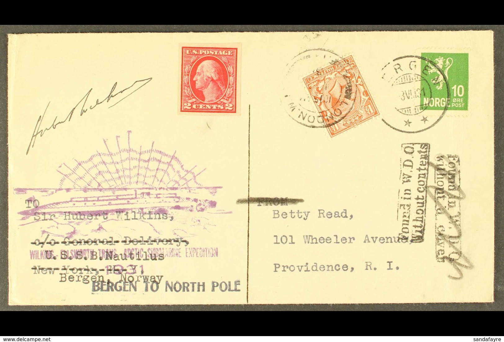 NORTH POLE  1931 WILKINS EXPEDITION CARD To USA, Signed At Top Left, And Bearing Norway 10 Ore Tied Bergen Cds Of 3.VI.3 - Andere & Zonder Classificatie