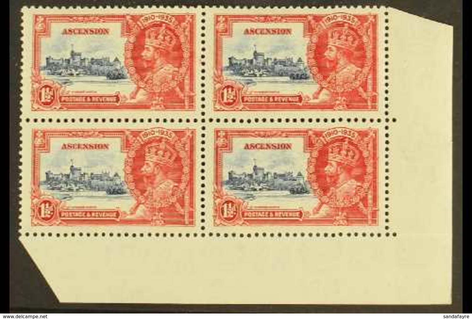 1935  Silver Jubilee 1½d Deep Blue And Scarlet, SG 31, Never Hinged Mint Lower Right Corner Block Of Four Including The  - Ascensione