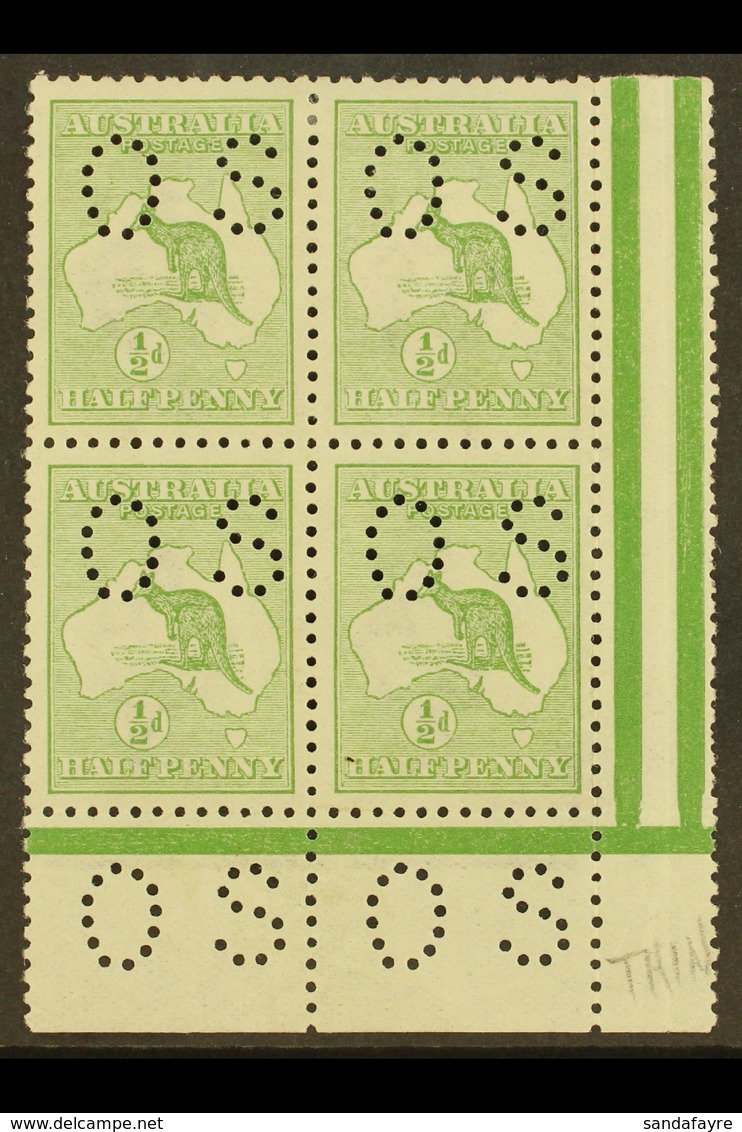 OFFICIALS  1913 ½d Pale Green, Punctured "O S" (smaller Letters, SG Type O2), Corner Marginal Block Of 4, SG O16, Very F - Altri & Non Classificati