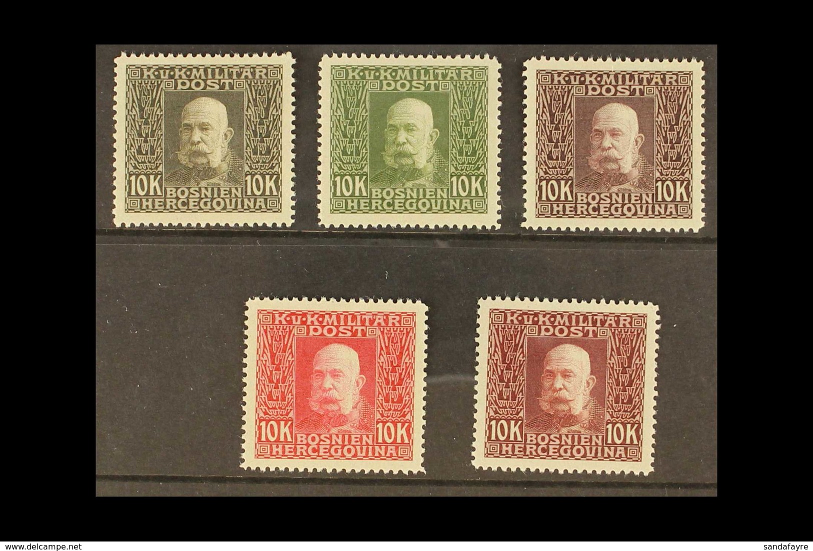 BOSNIA AND HERZEGOVINA  1912-14 10k Francis Joseph I Complete Set Of PERFORATED COLOUR PROOFS Printed In Five Different  - Altri & Non Classificati