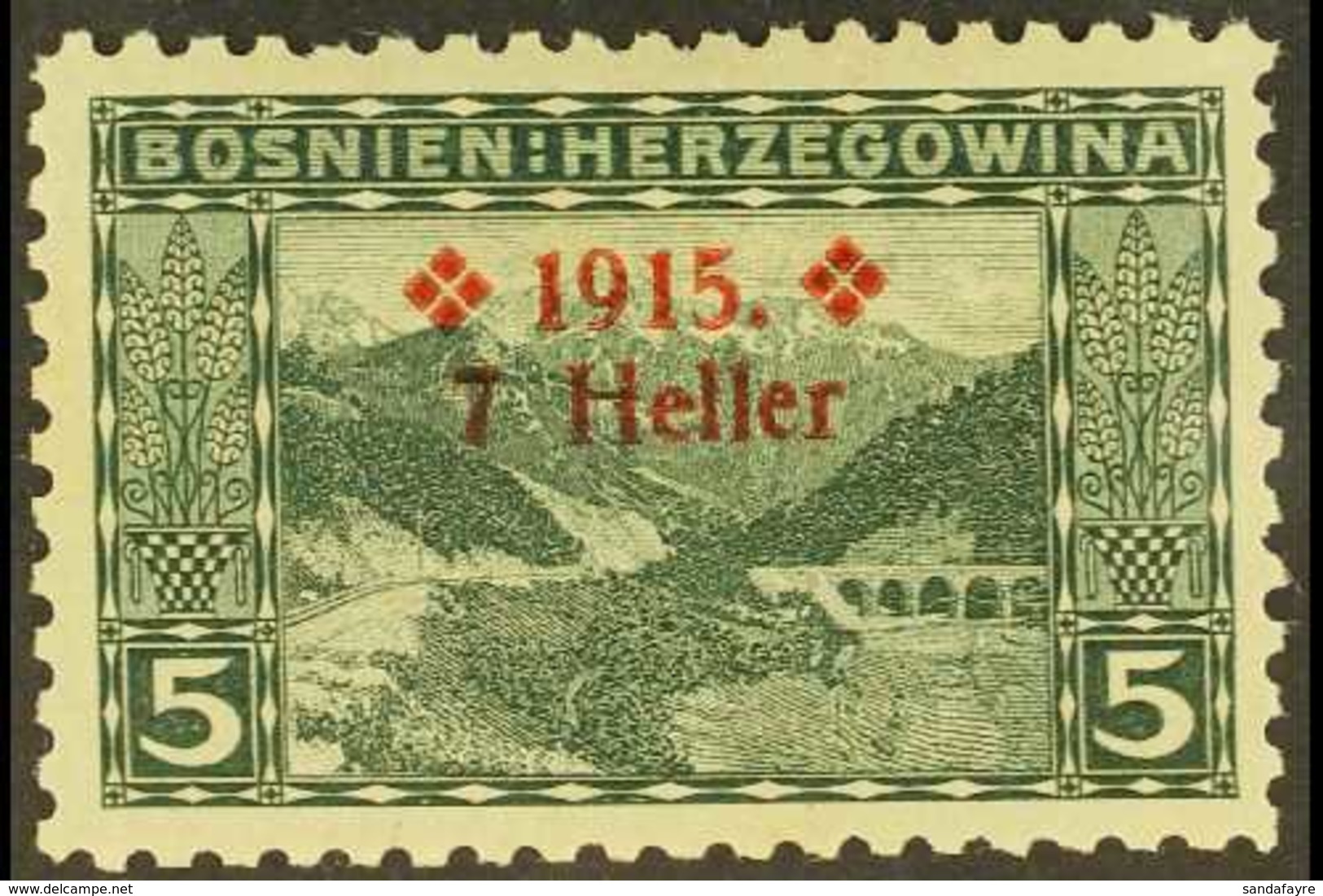 BOSNIA AND HERZEGOVINA  1915 7h On 5h Deep Green Surcharge Perf 9¼ (Michel 91 B, SG 385a), Very Fine Mint, Signed, Fresh - Andere & Zonder Classificatie