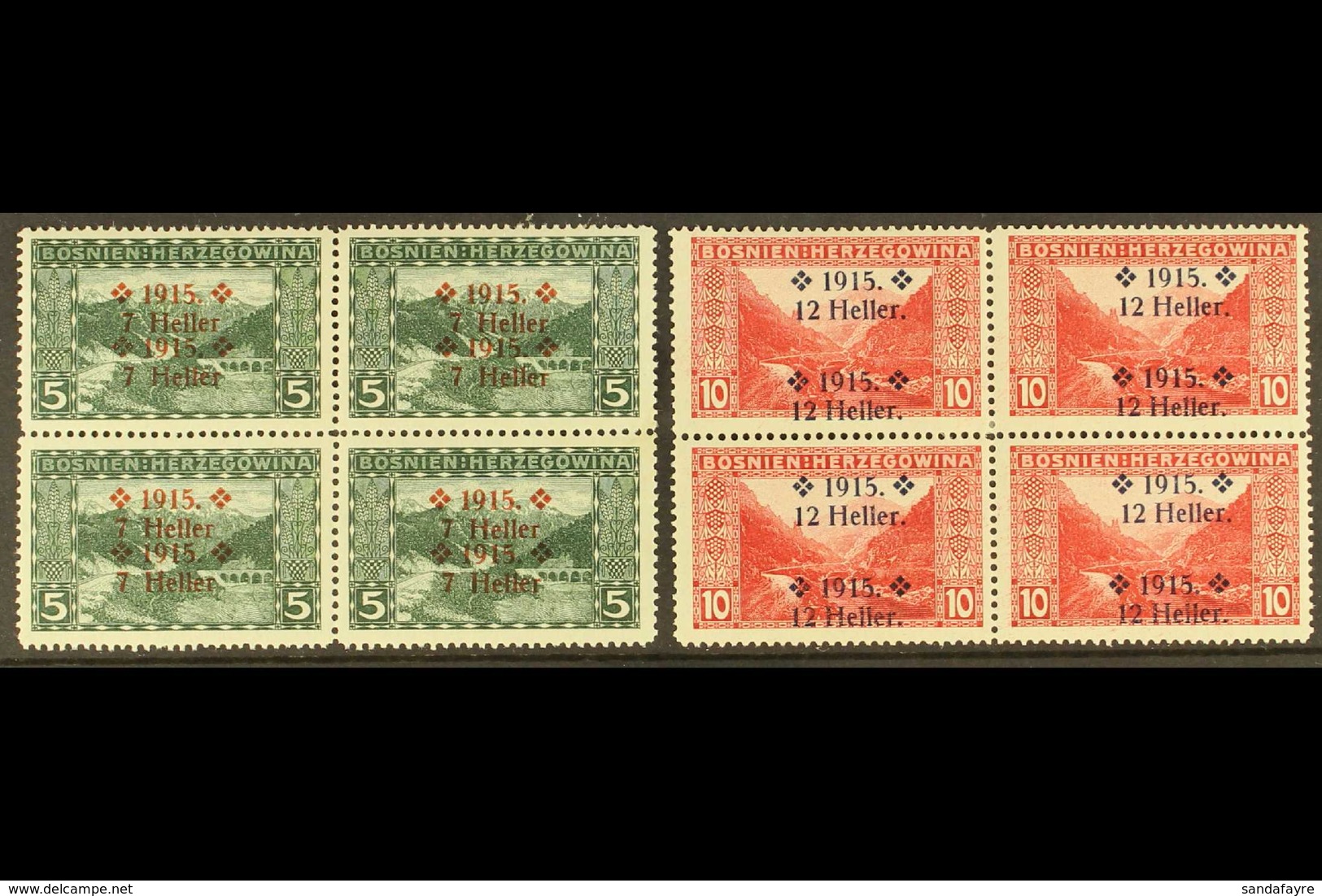 BOSNIA AND HERZEGOVINA  1915 7h On 5h Deep Green & 12h On 10h Carmine Landscapes DOUBLE SURCHARGES Varieties, Michel 91/ - Andere & Zonder Classificatie