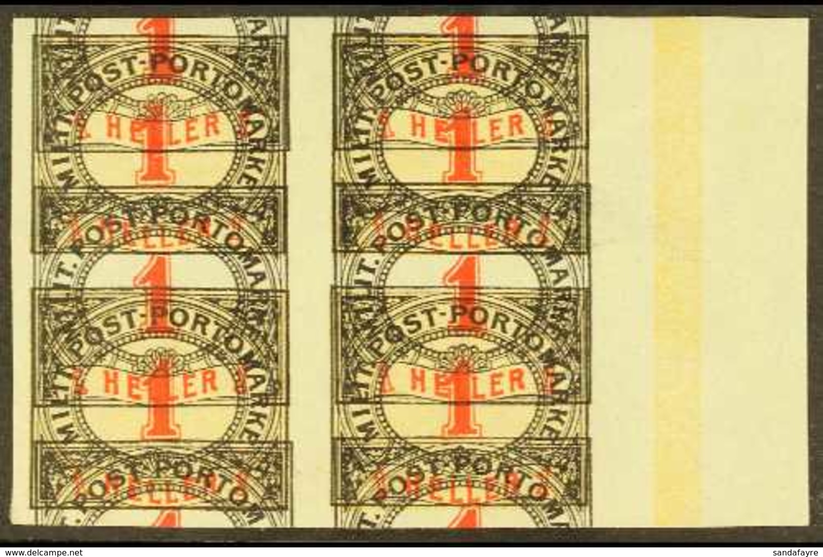 BOSNIA AND HERZEGOVINA  POSTAGE DUES 1904 1h Red, Black & Yellow Marginal DOUBLE PRINTED IMPERF BLOCK Of 4 With Red & Bl - Andere & Zonder Classificatie