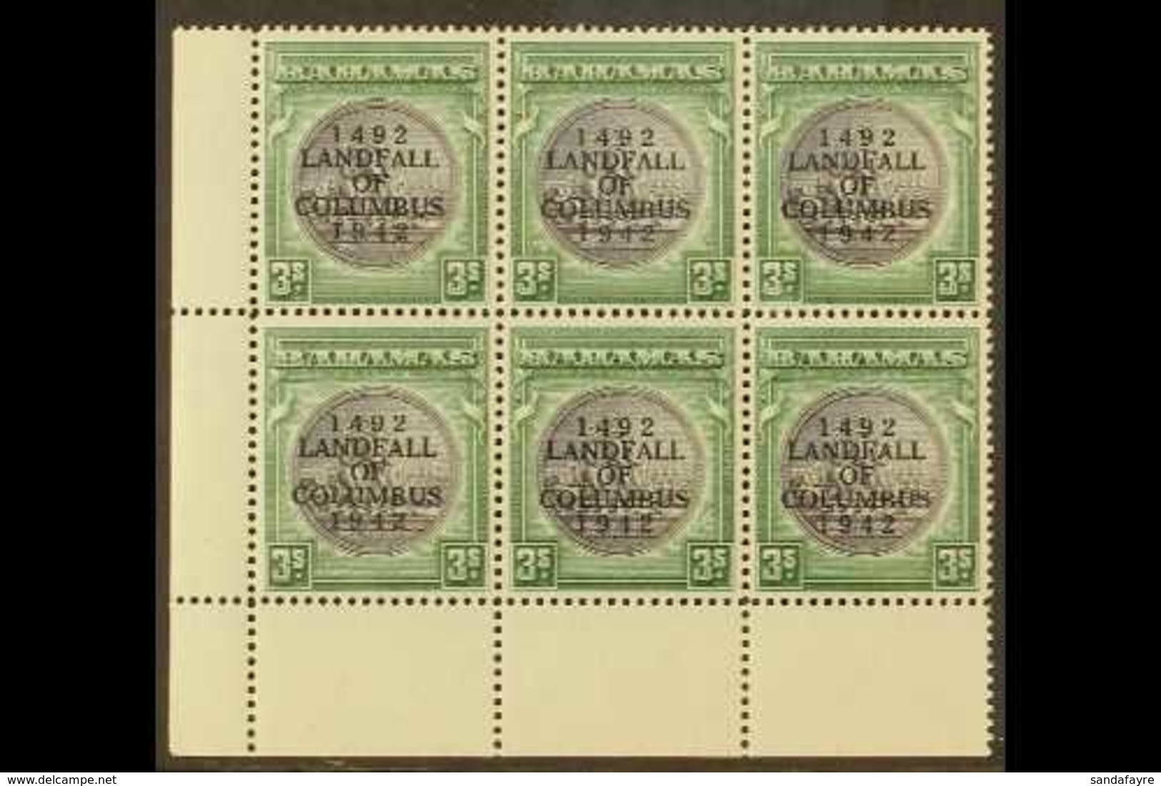 1942  3s Slate Purple & Myrtle Green, SG 173, NHM Lower Left Corner Block Of 6 With Lightly Toned Gum For More Images, P - Altri & Non Classificati
