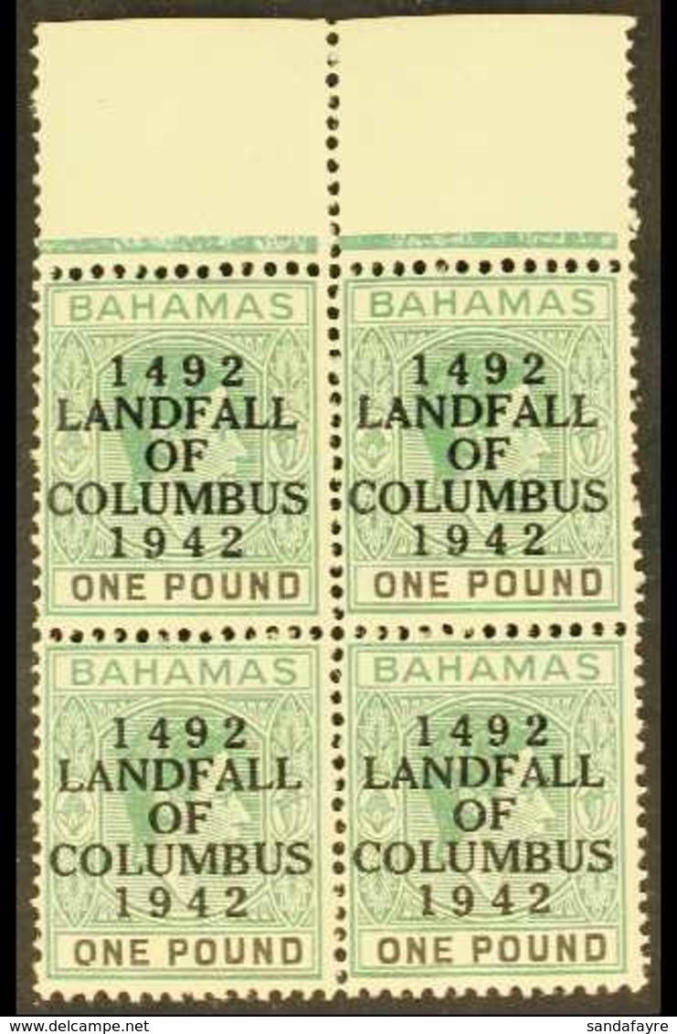 1942  Landing Of Columbus £1 Grey-green And Black, SG 175a, Upper Marginal Block Of Four Never Hinged Mint. For More Ima - Altri & Non Classificati