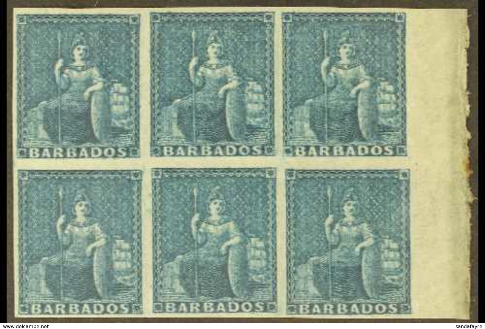 1852-55  (-) Slate-blue, SG 5a, Superb Never Hinged Mint Marginal BLOCK Of 6, All Stamps With Four Good To Jumbo Margins - Barbados (...-1966)