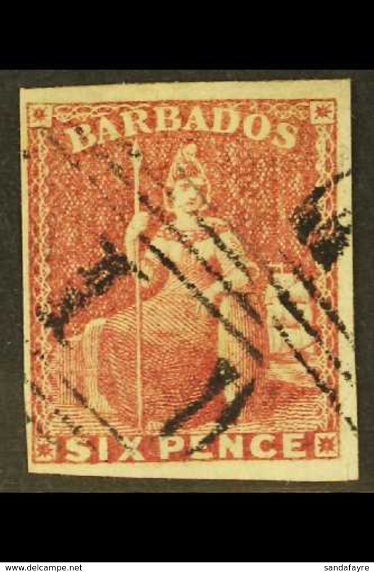 1858  6d Deep Rose Red Britannia, SG 11a, Very Fine Used With Good To Large Margins And Light Cancel. For More Images, P - Barbados (...-1966)