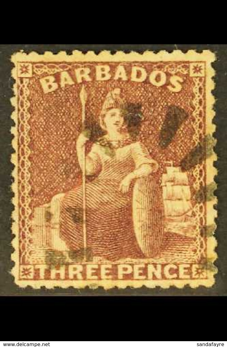 1873  3d Brown-purple, SG 63, Fine Used With Neat "bootheel" Cancel. For More Images, Please Visit Http://www.sandafayre - Barbados (...-1966)